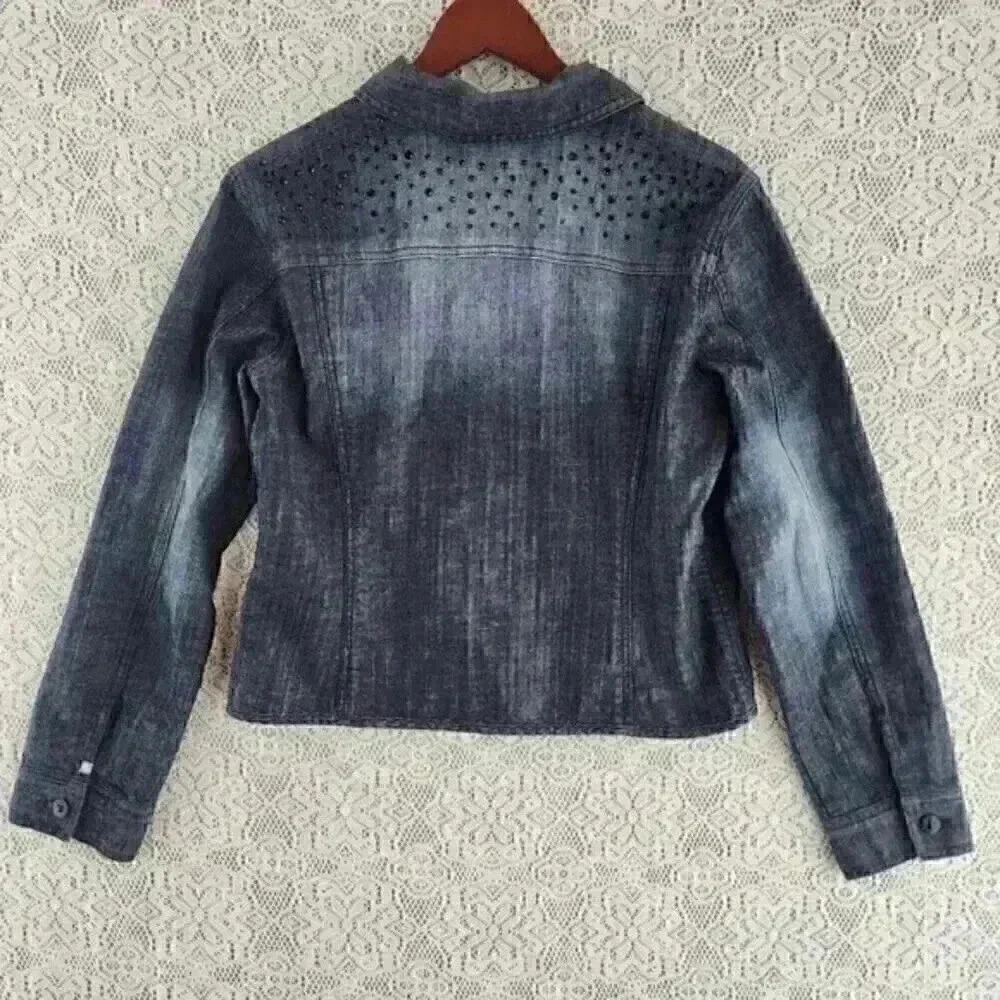 Chico's‎ Platinum Button Stud Denim Jacket Women's 1/ M - Picture 2 of 11